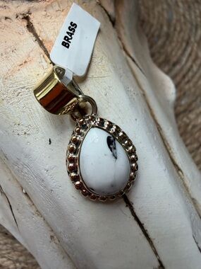 White Buffalo Teardrop Pendant with Brass Frame